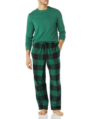 Amazon Essentials Men's Soft Flannel Pajama Sleepwear Set (Available in Big & Tall), Green/Buffalo Plaid, Large