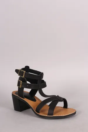 Bamboo Ankle Cuff Cirsscross Strap Chunky Heel