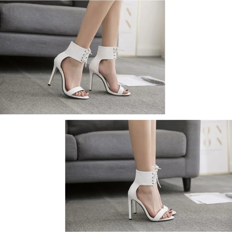 Black Lace Up Heels Sandals| Thick Ankle Strap Heels Open Toe Sandal White