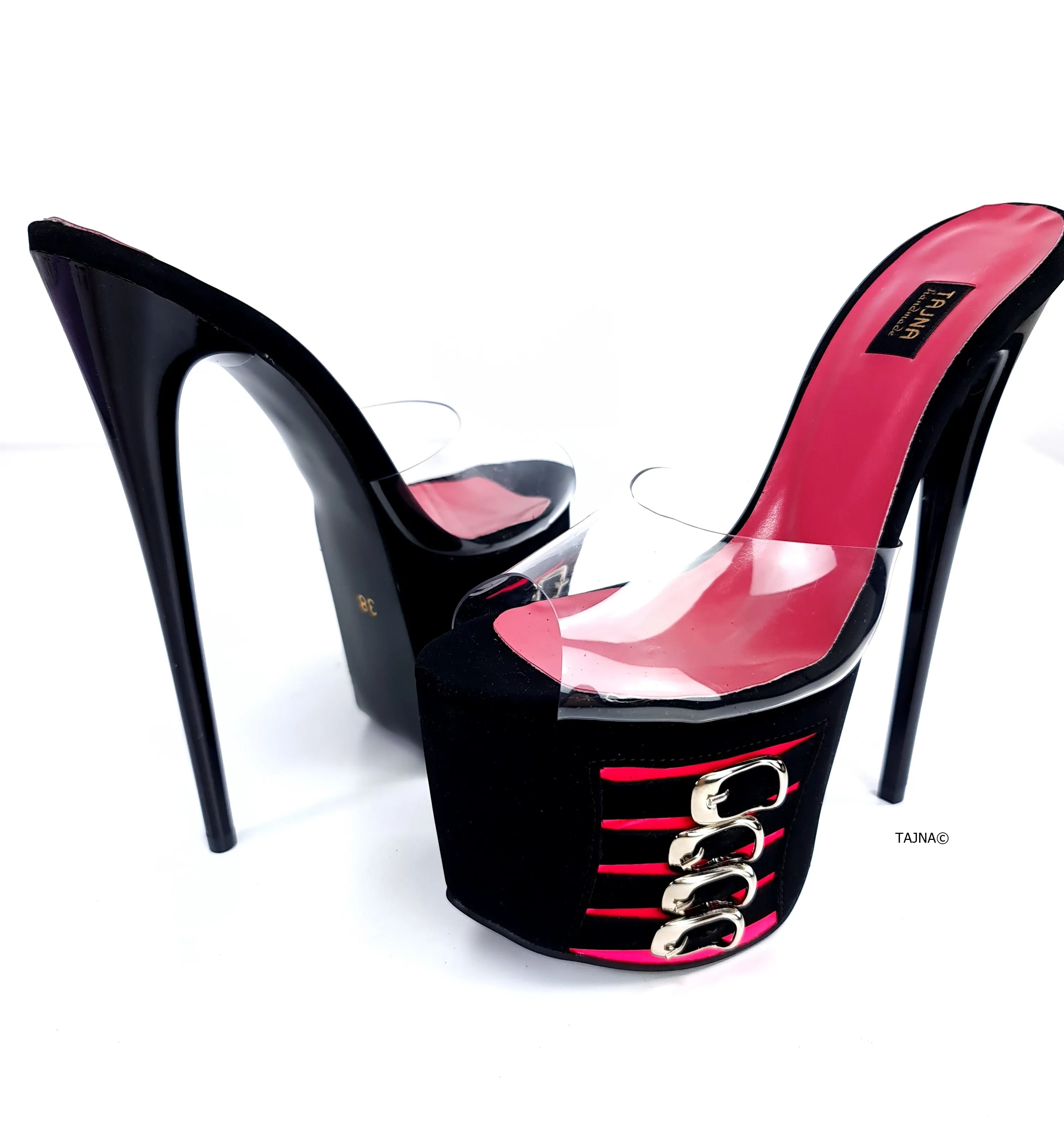 Black Pink Belt Detail Transparent Strap Mules