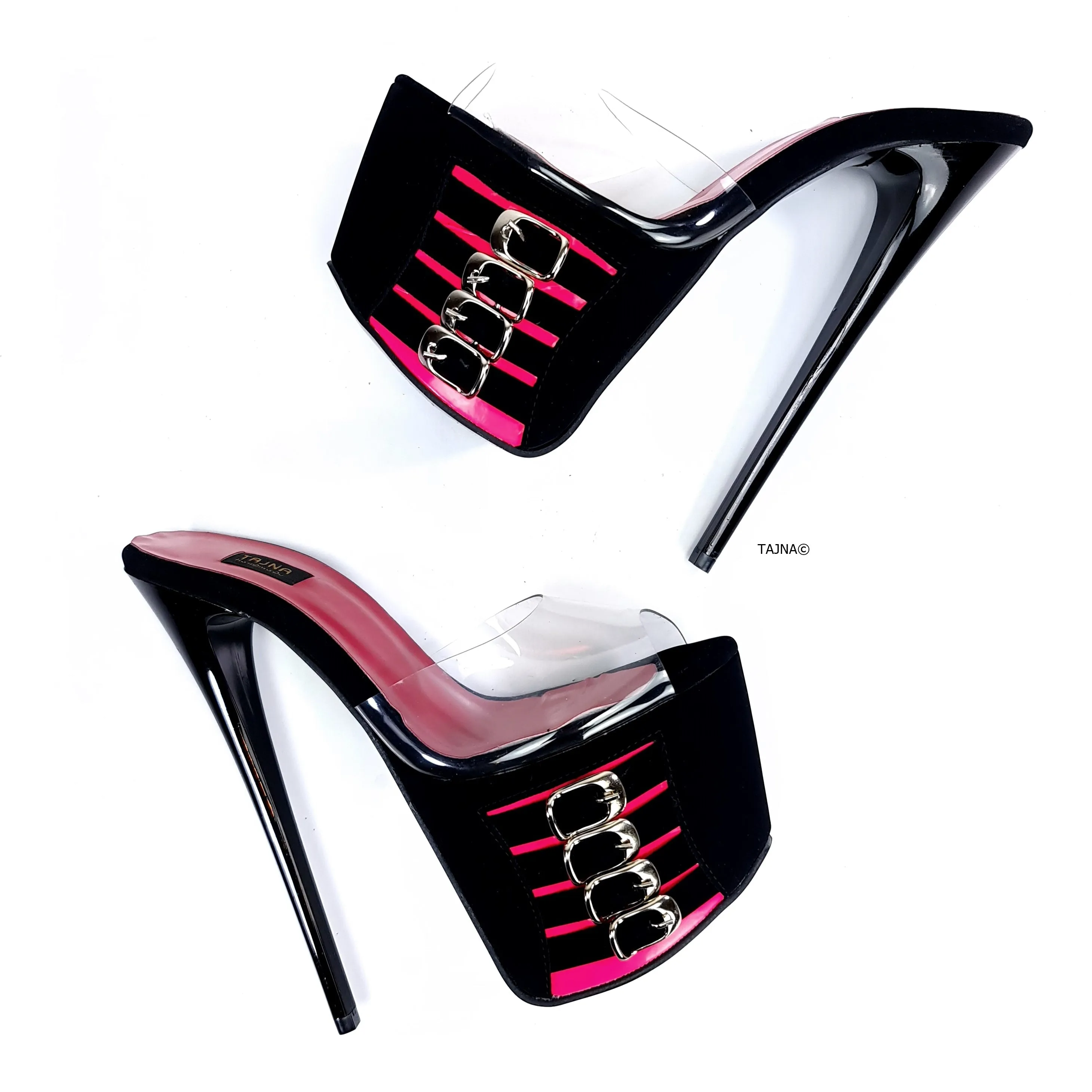 Black Pink Belt Detail Transparent Strap Mules