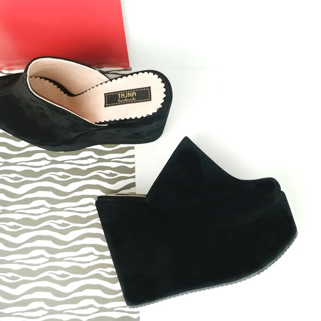 Black Suede Platform Sabo Wedge Mules