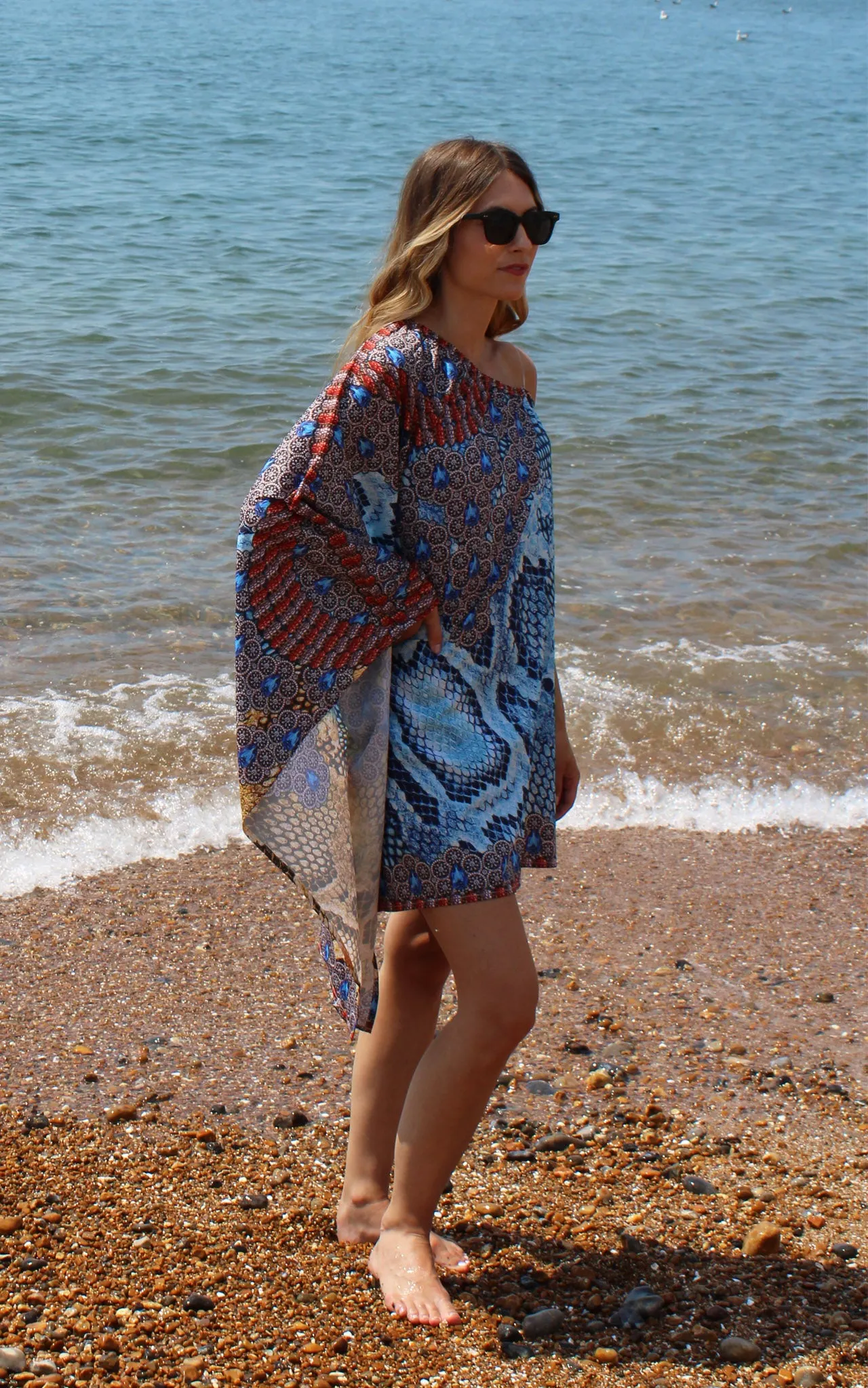 Blue Short Kaftan with Print Detail