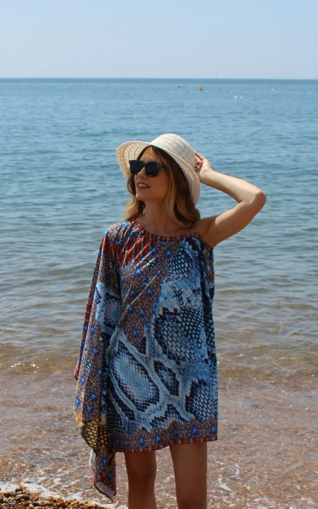 Blue Short Kaftan with Print Detail