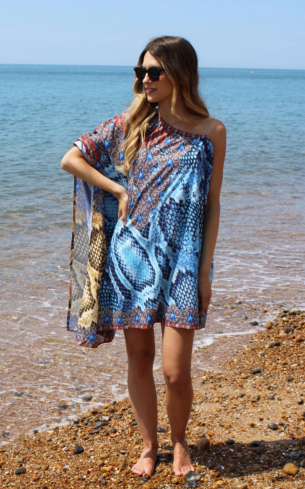 Blue Short Kaftan with Print Detail