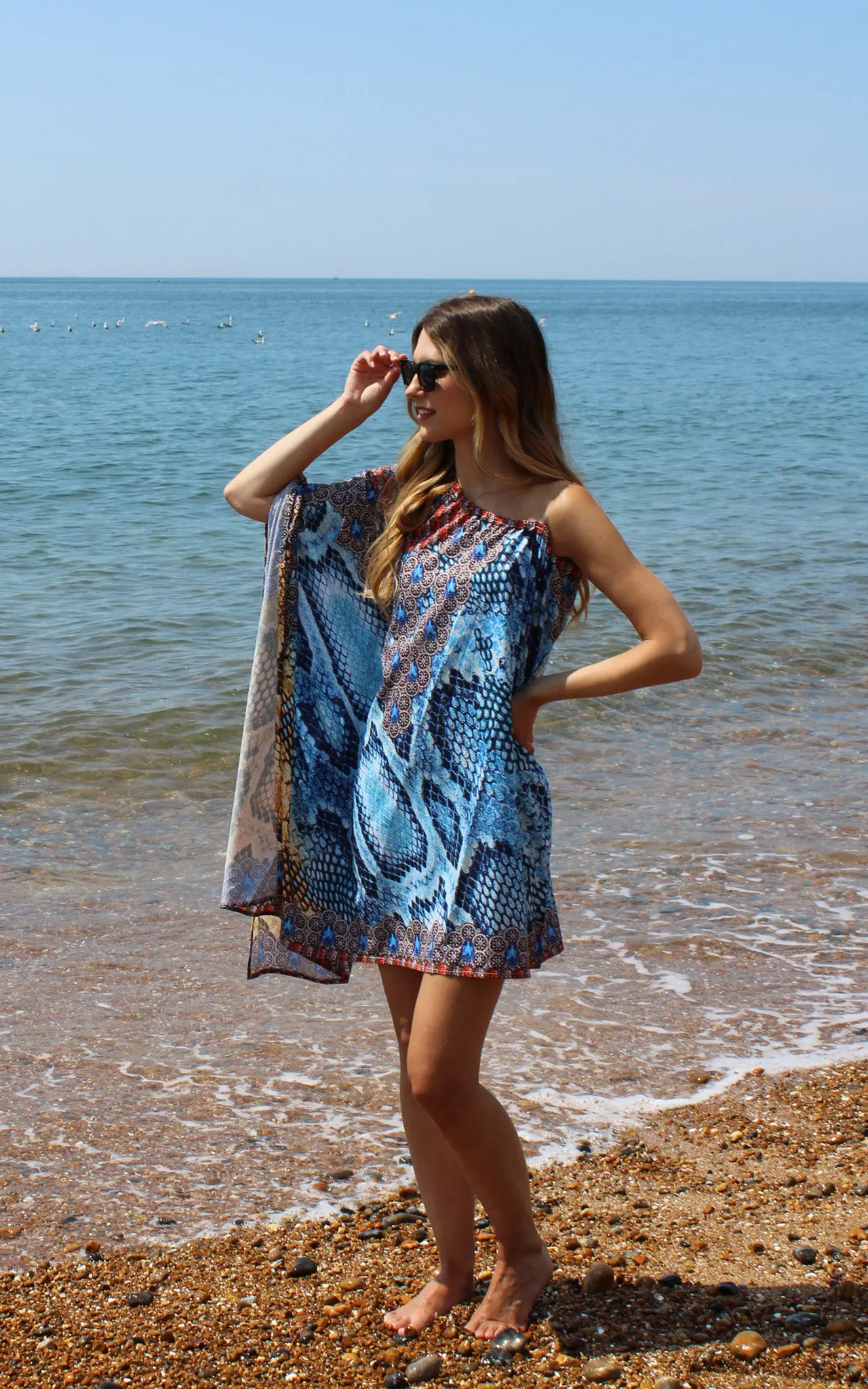 Blue Short Kaftan with Print Detail