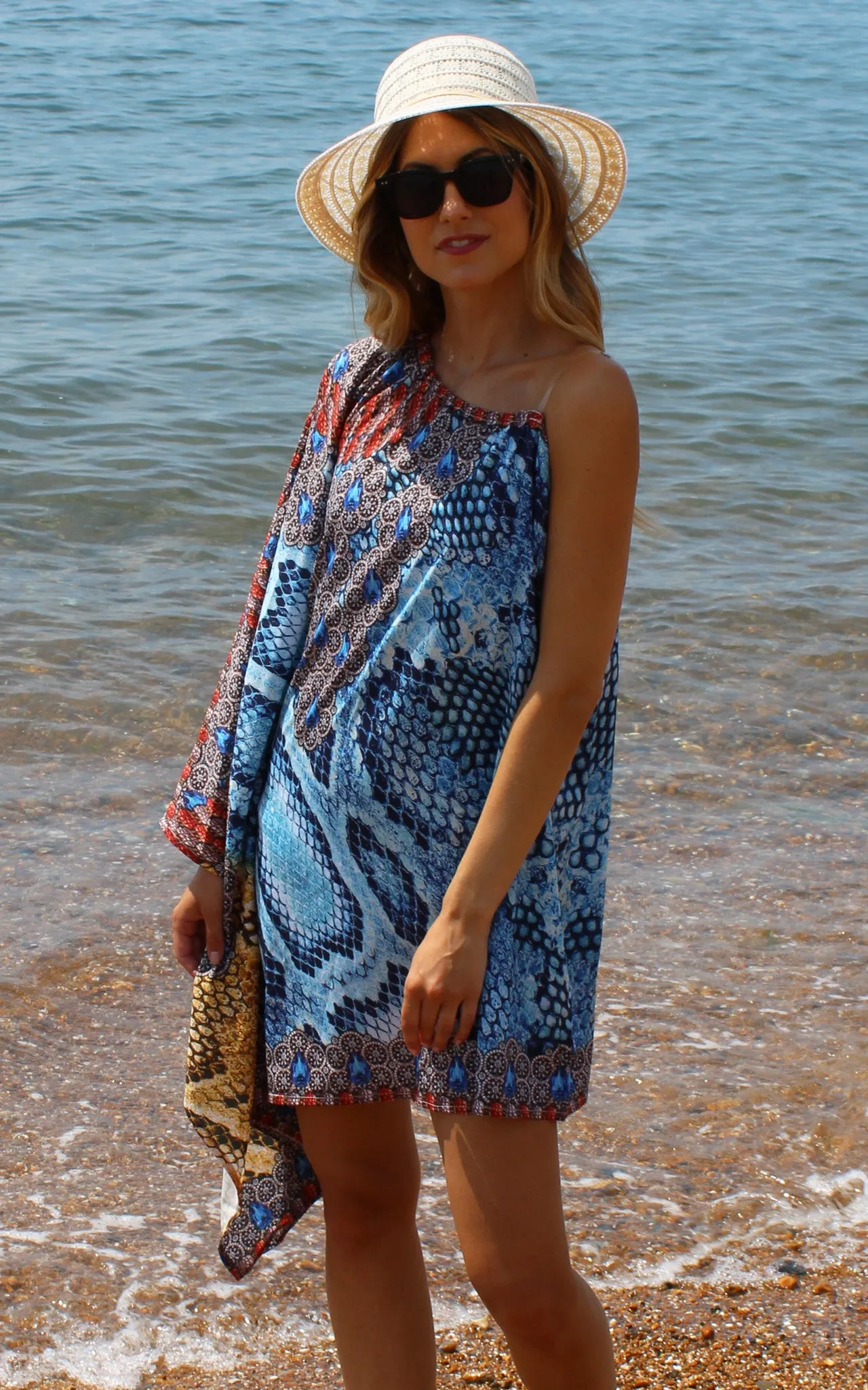 Blue Short Kaftan with Print Detail