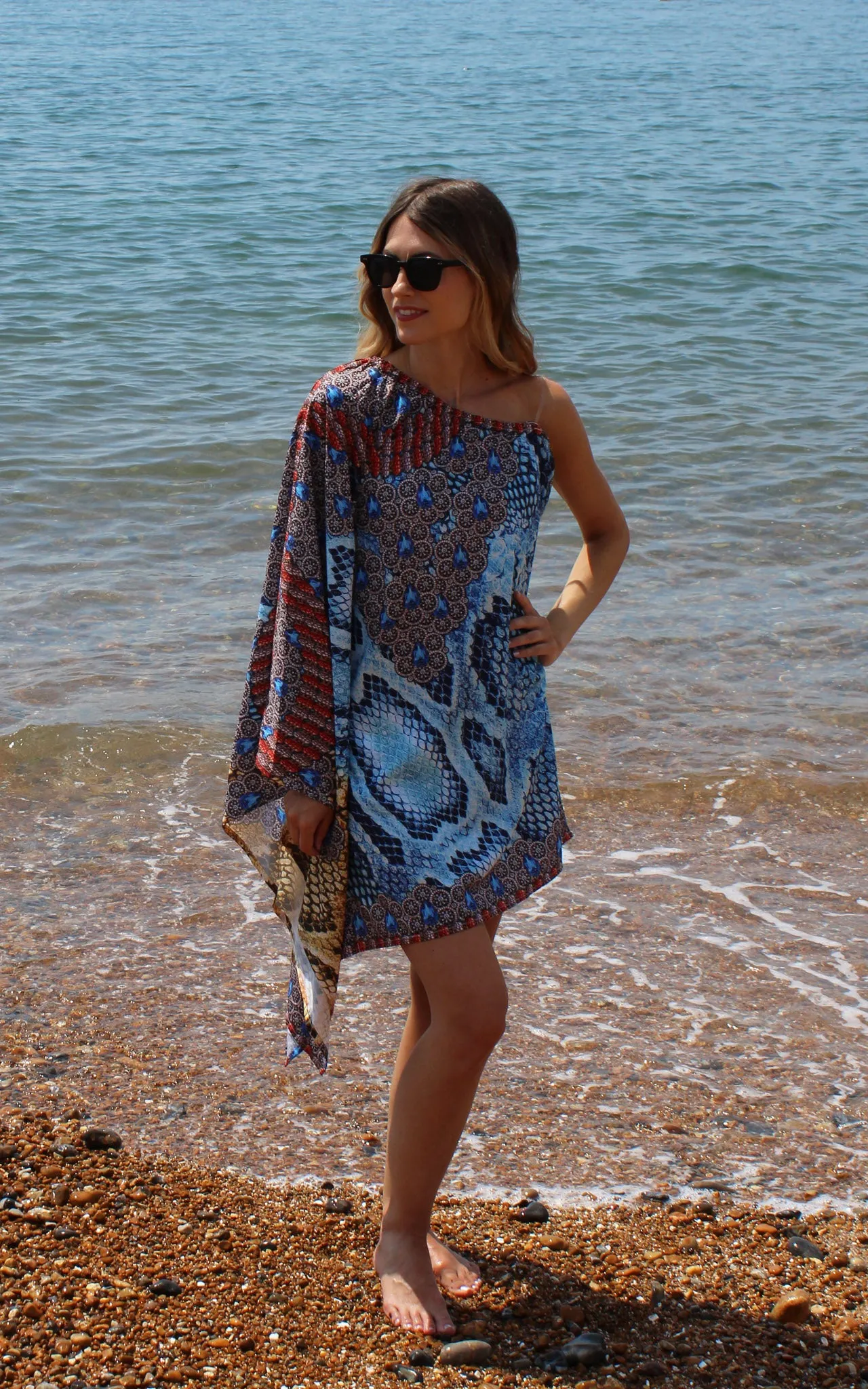 Blue Short Kaftan with Print Detail