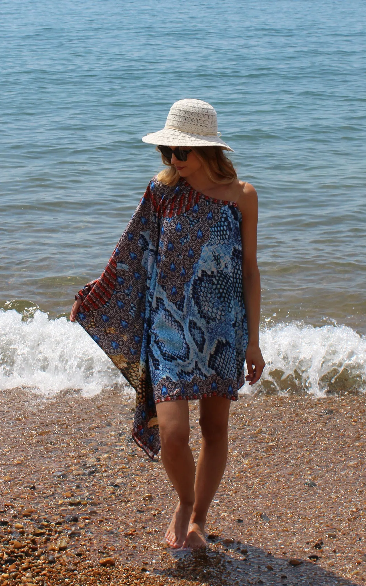 Blue Short Kaftan with Print Detail