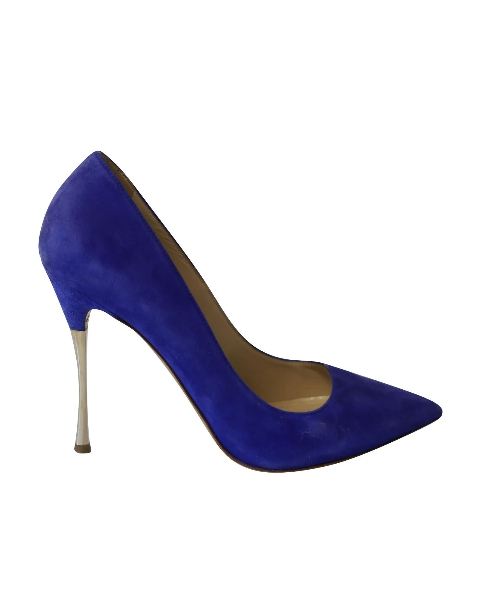 Blue Suede Pointed Toe Pumps with Metal Heels