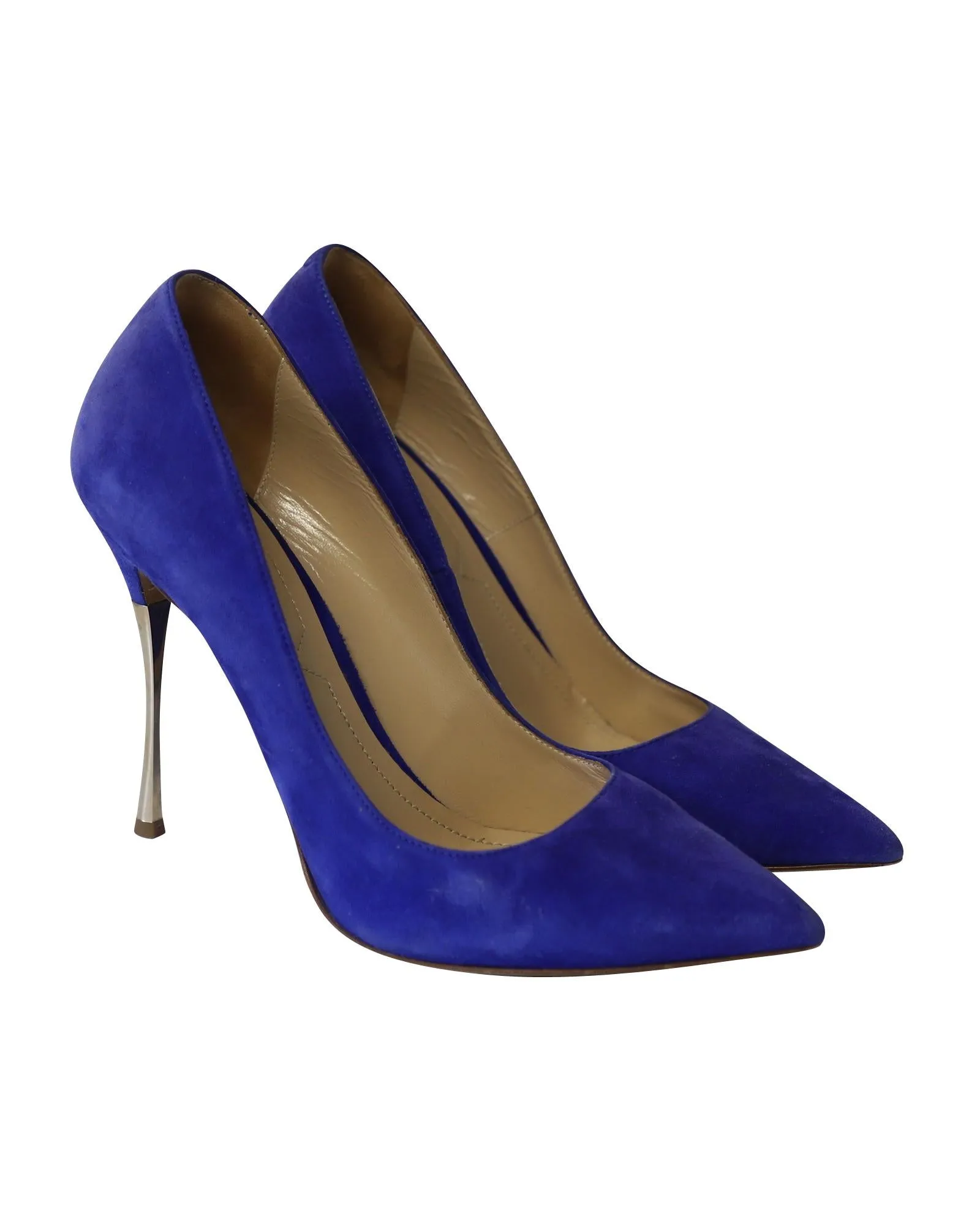 Blue Suede Pointed Toe Pumps with Metal Heels