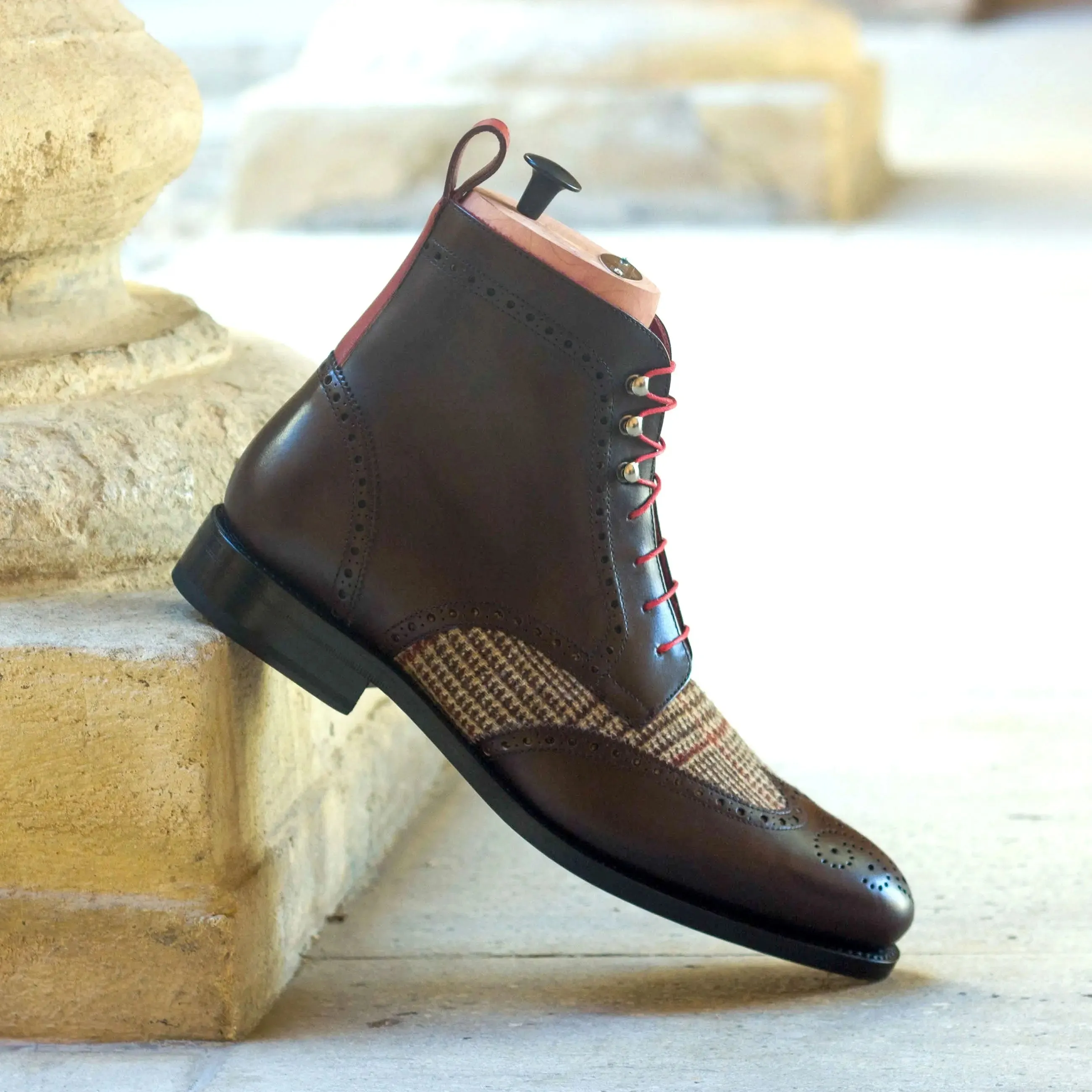 DapperFam Valiant in Tweed / Dark Brown / Red Men's Sartorial & Italian Leather Military Brogue