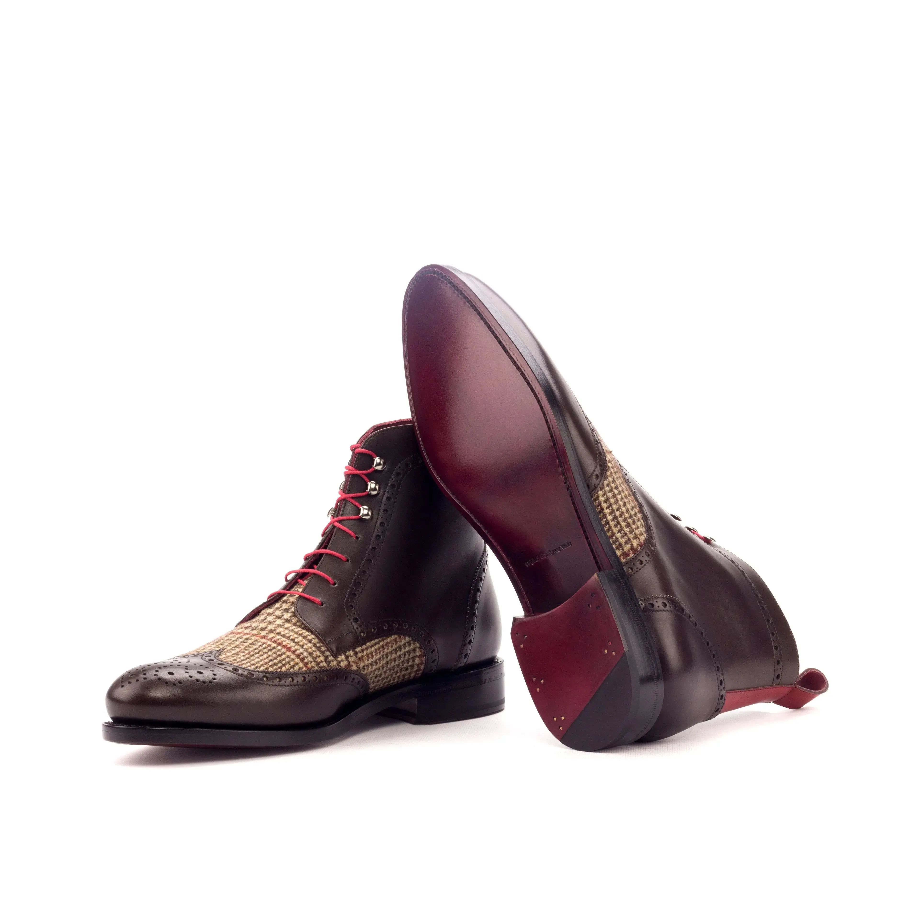 DapperFam Valiant in Tweed / Dark Brown / Red Men's Sartorial & Italian Leather Military Brogue