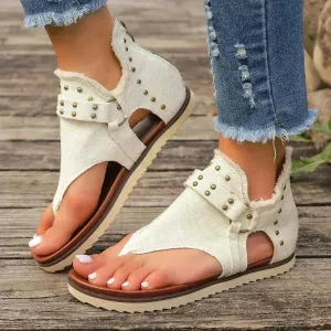 Denim Thong Sandals With Rear Zipper Summer Retro Beach Flat Sandals Shoes For Women