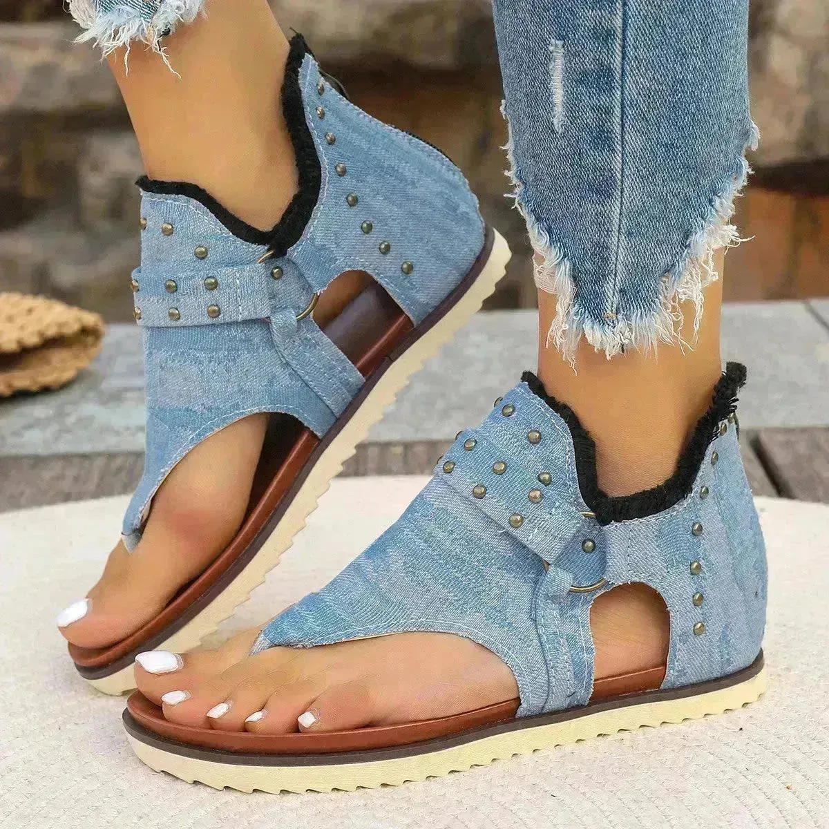 Denim Thong Sandals With Rear Zipper Summer Retro Beach Flat Sandals Shoes For Women