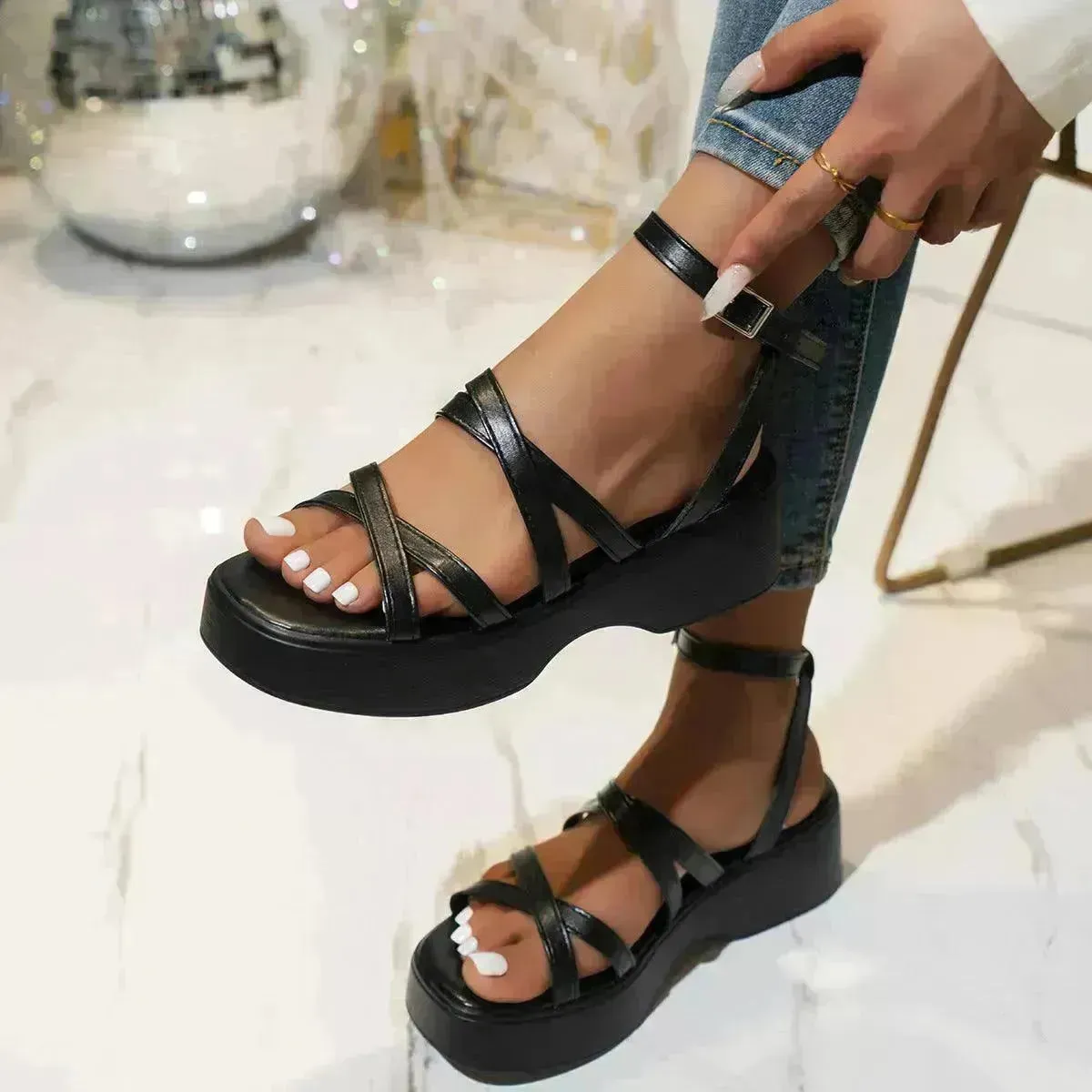 Fine Fashion Platform Cross Strap Buckle Women Sandals