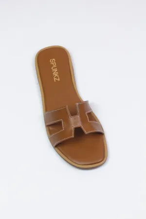 Hania Iconic Brown "H" Cut-Out Faux Leather Flat Slides