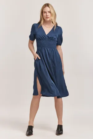 JENNIFER V-NECK SMOCKED WAIST MIDI DRESS NEW BLUE