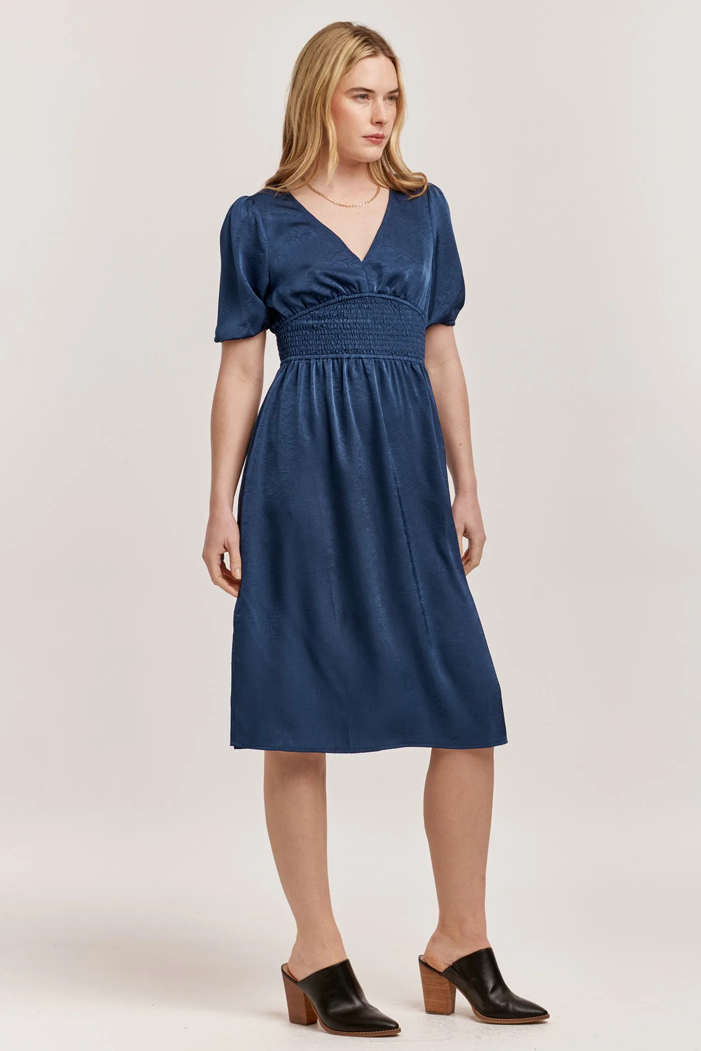 JENNIFER V-NECK SMOCKED WAIST MIDI DRESS NEW BLUE