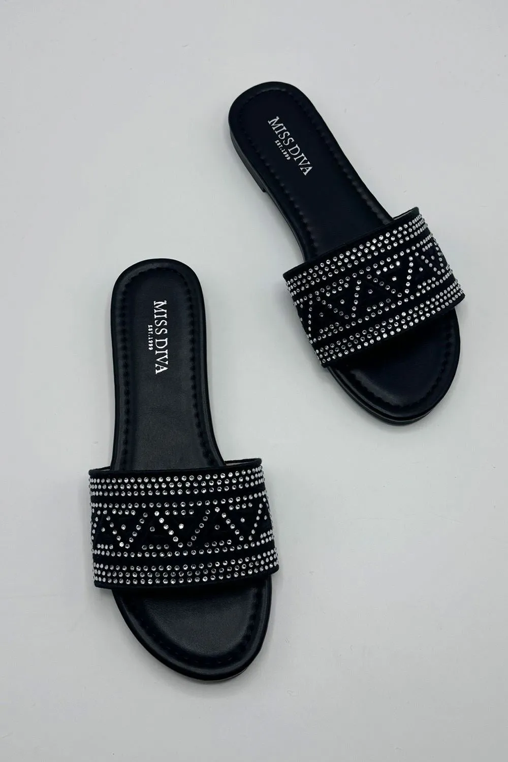 Kree Diamante Patterned Sliders in Black