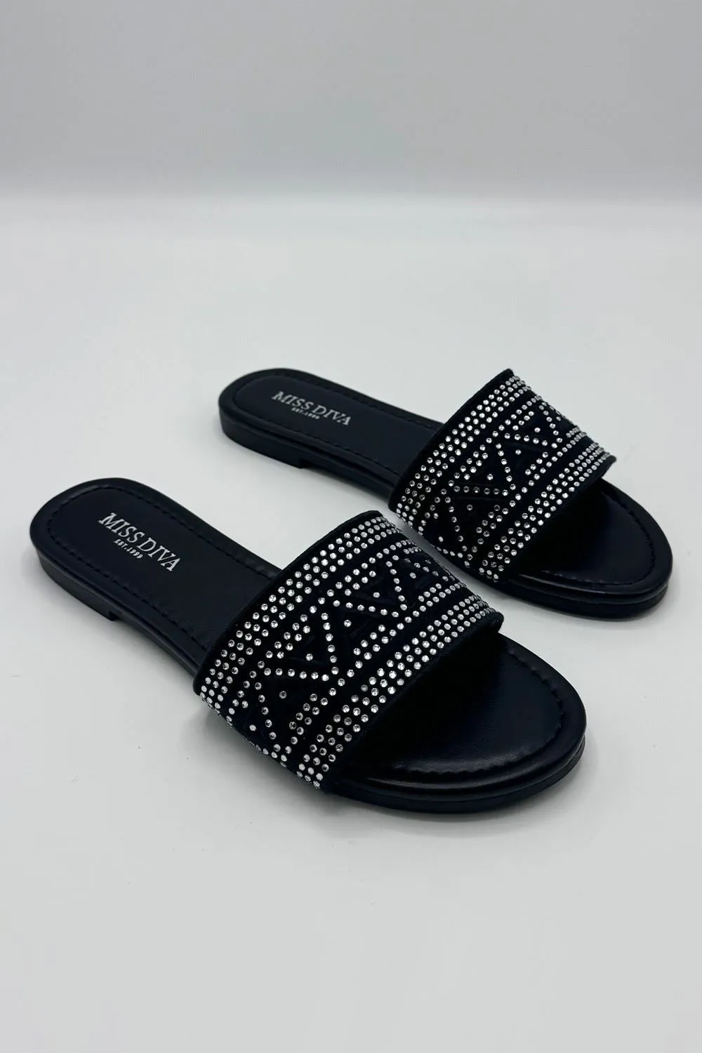 Kree Diamante Patterned Sliders in Black