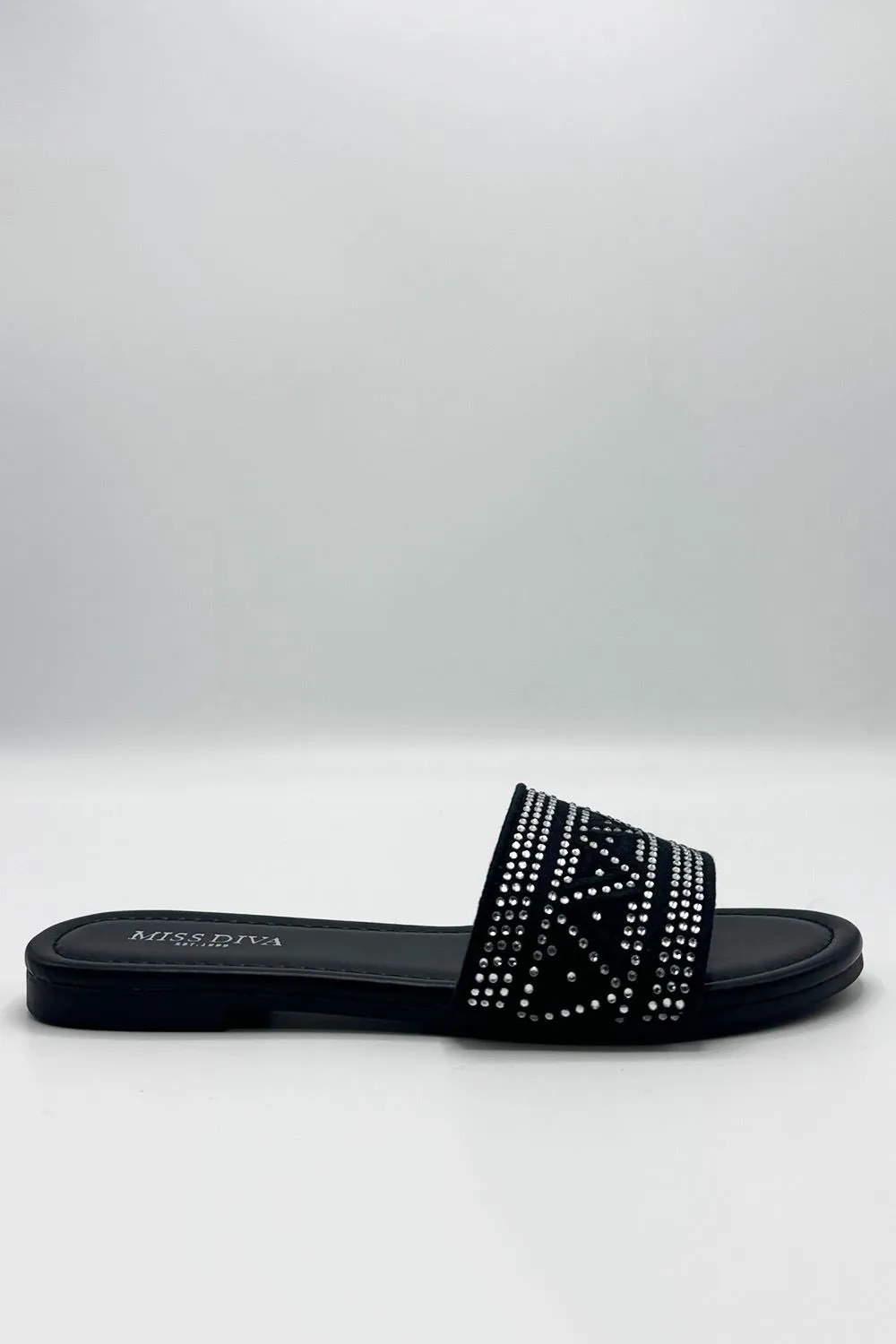 Kree Diamante Patterned Sliders in Black