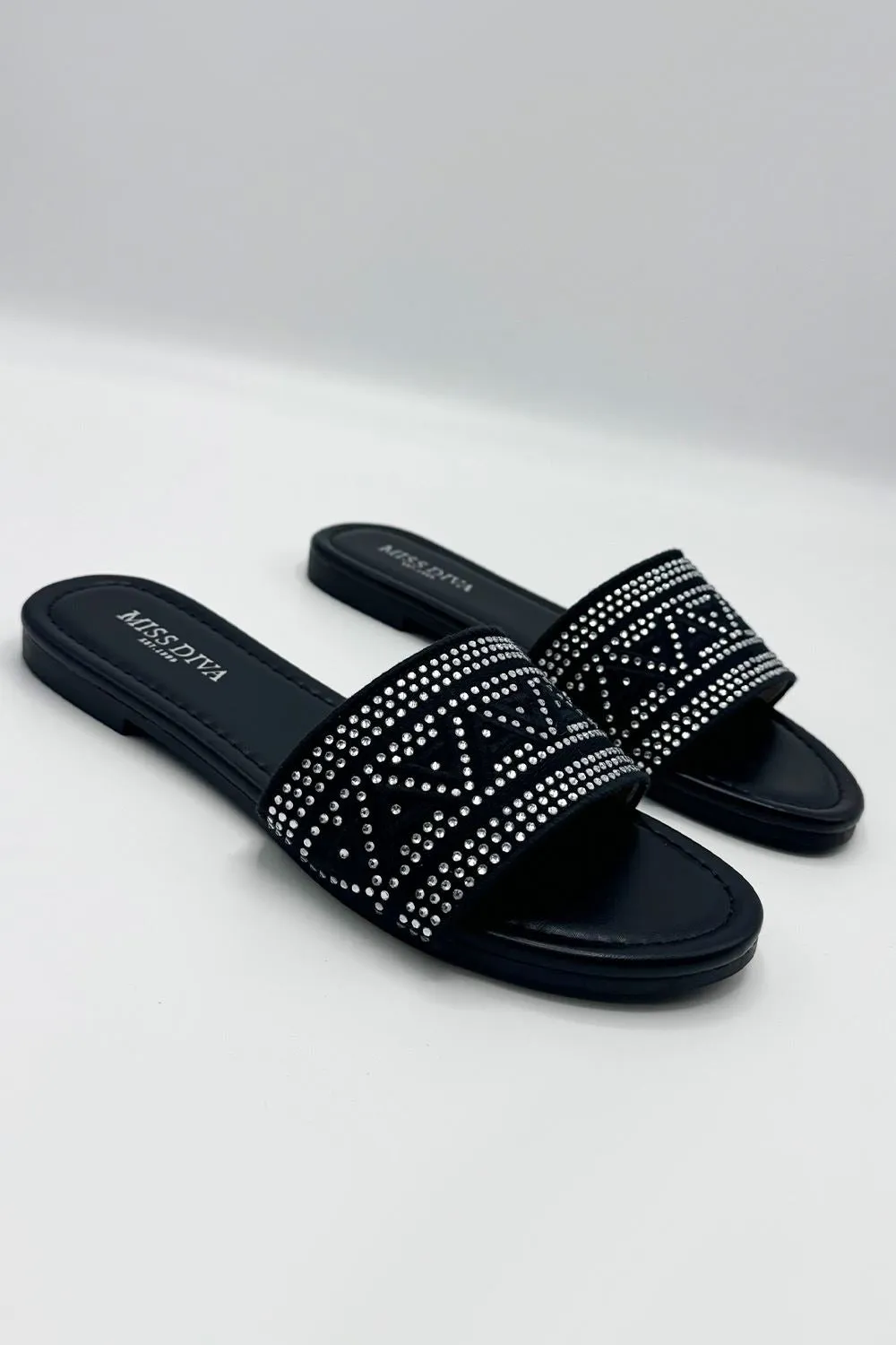 Kree Diamante Patterned Sliders in Black