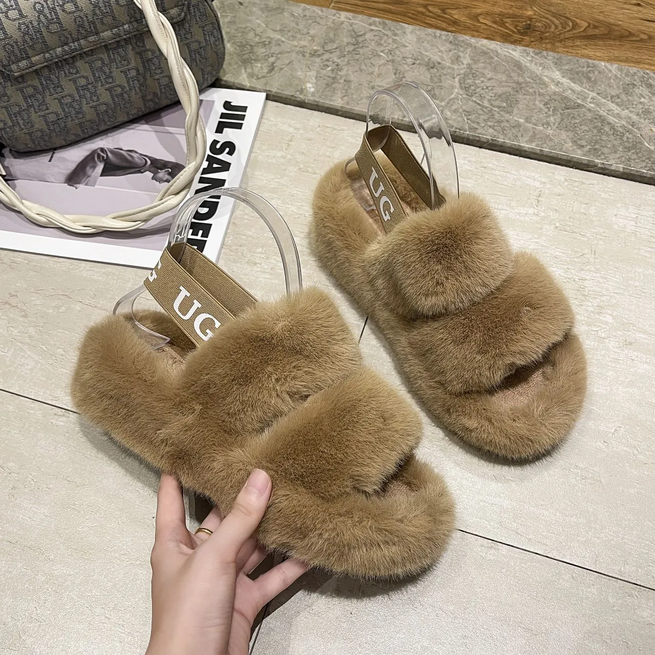 Letter Heel Straps Soft Plush Padded Slippers Wholesale Womens Shoes