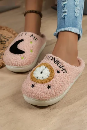 Light Pink Moon & Clock Pattern Fuzzy Winter Slippers