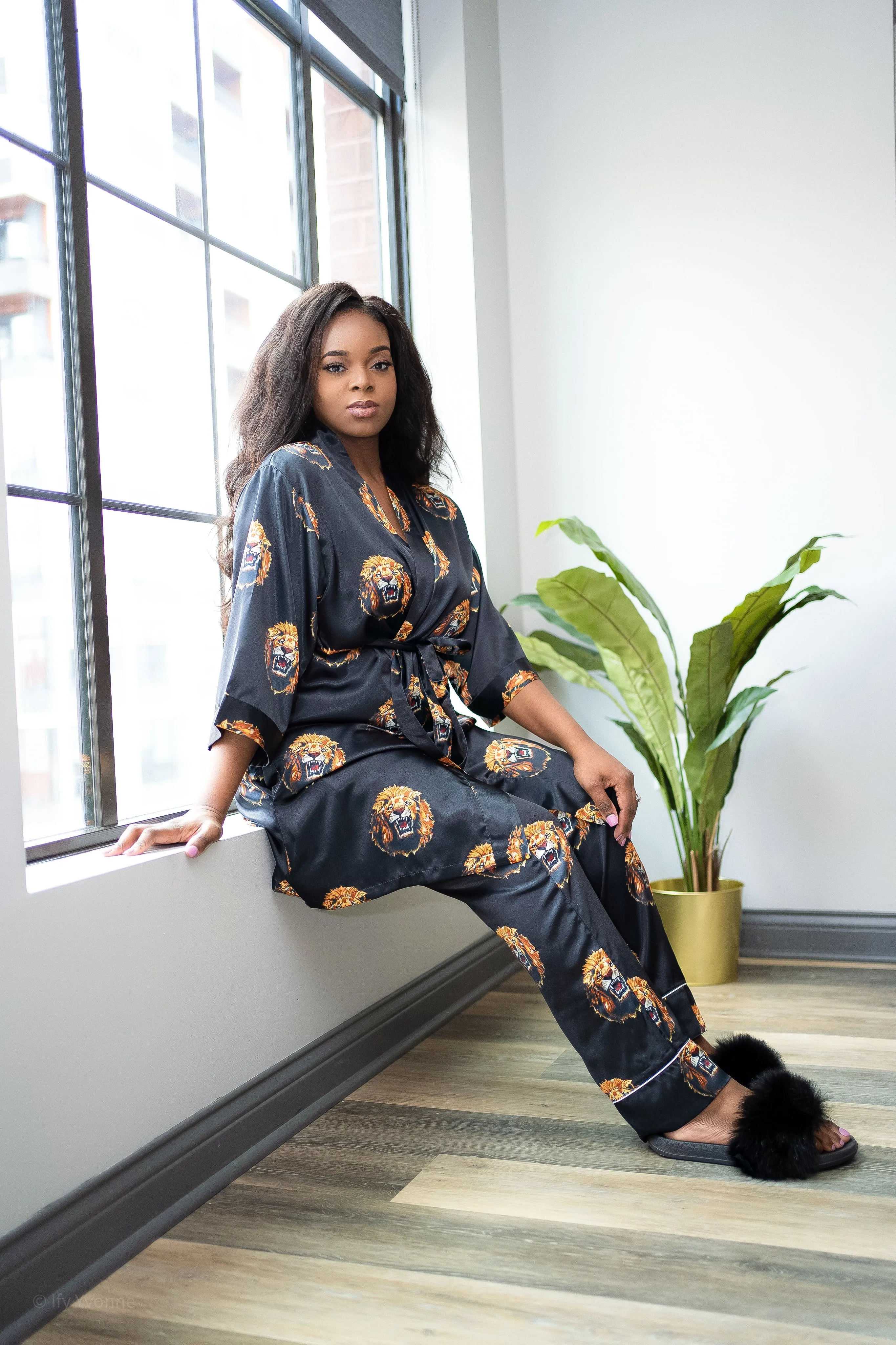 Lion Head African Print Satin Robe