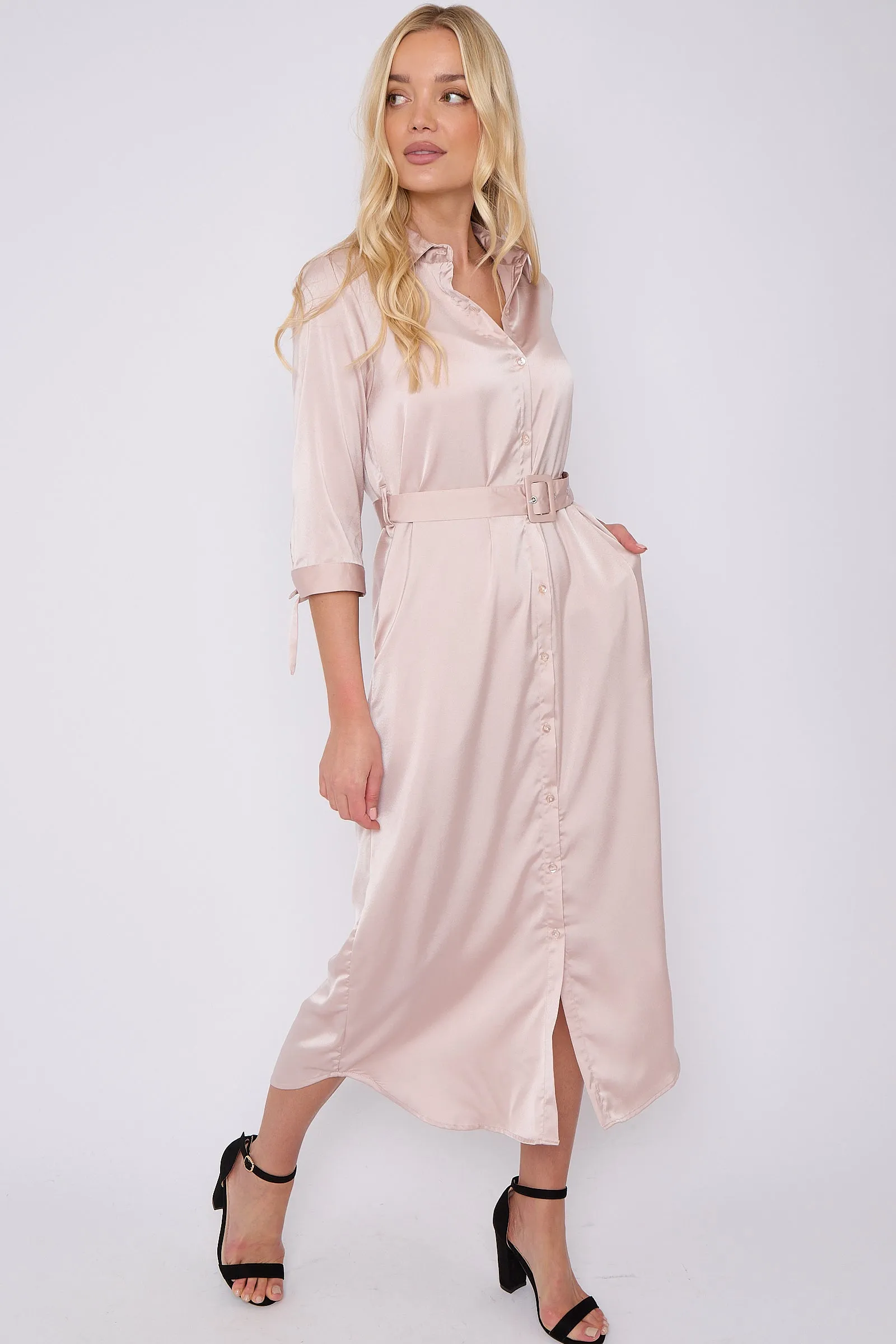 LOVE SUNSHINE Champagne Half Sleeve Belted Maxi Shirt Dress