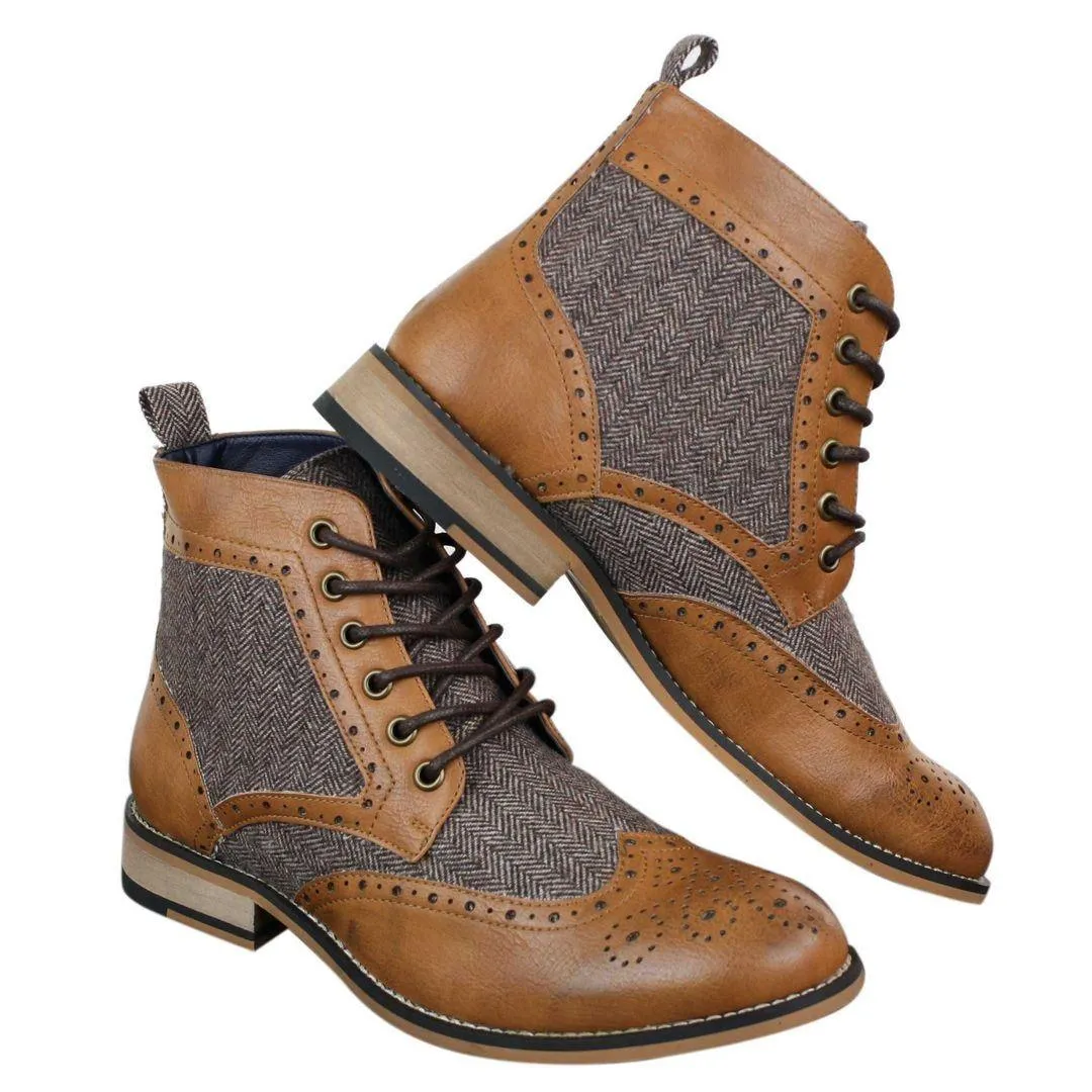 Mens Leather Tweed Herringbone Ankle Boots Shoes Blinders Sherlock Vintage Classic