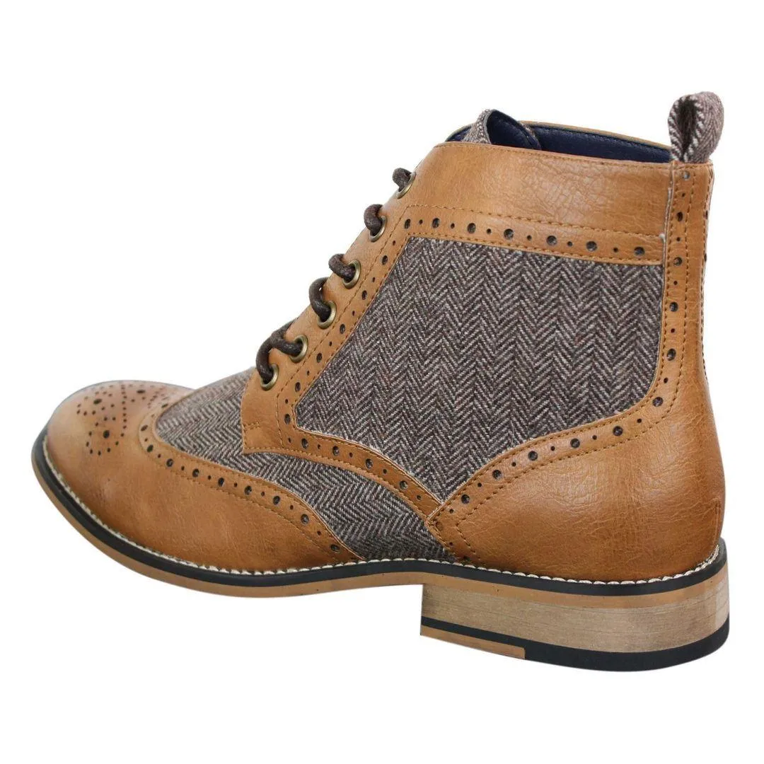 Mens Leather Tweed Herringbone Ankle Boots Shoes Blinders Sherlock Vintage Classic