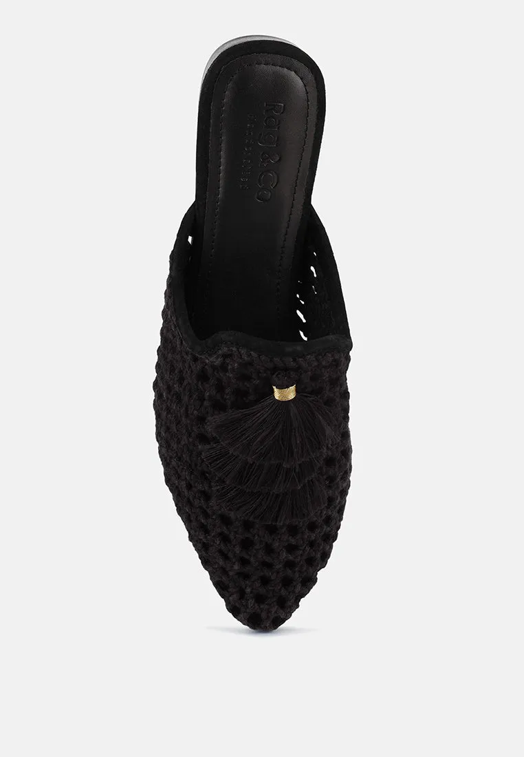 MIRIAM Black Woven Metallic Tassel Flat Mules