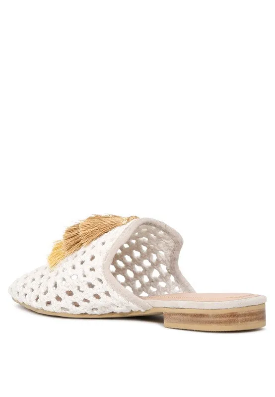 MIRIAM Woven Metallic Tassel Flat Mules