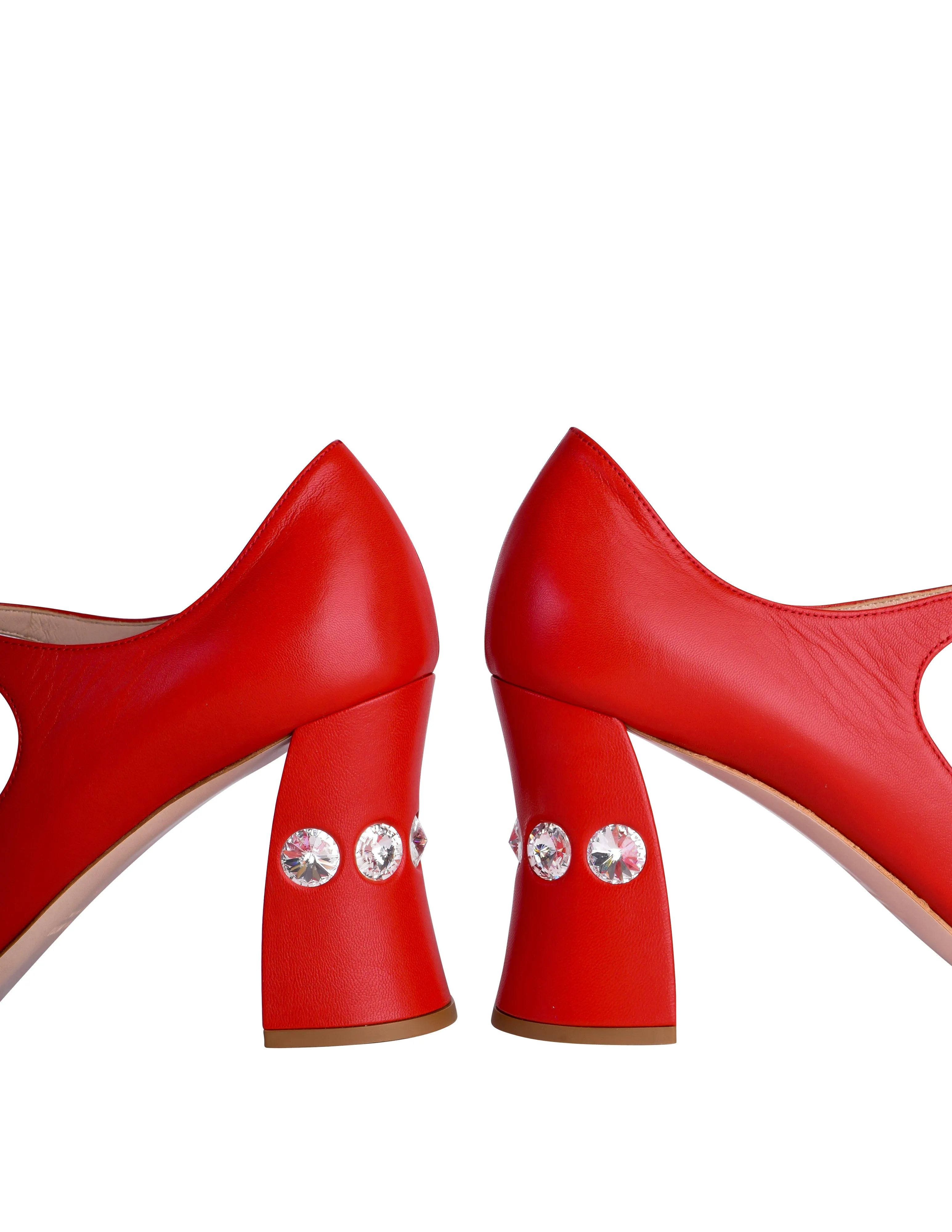 Miu Miu Vintage Cherry Red Leather Large Rhinestone Adorned Mary Jane Heels