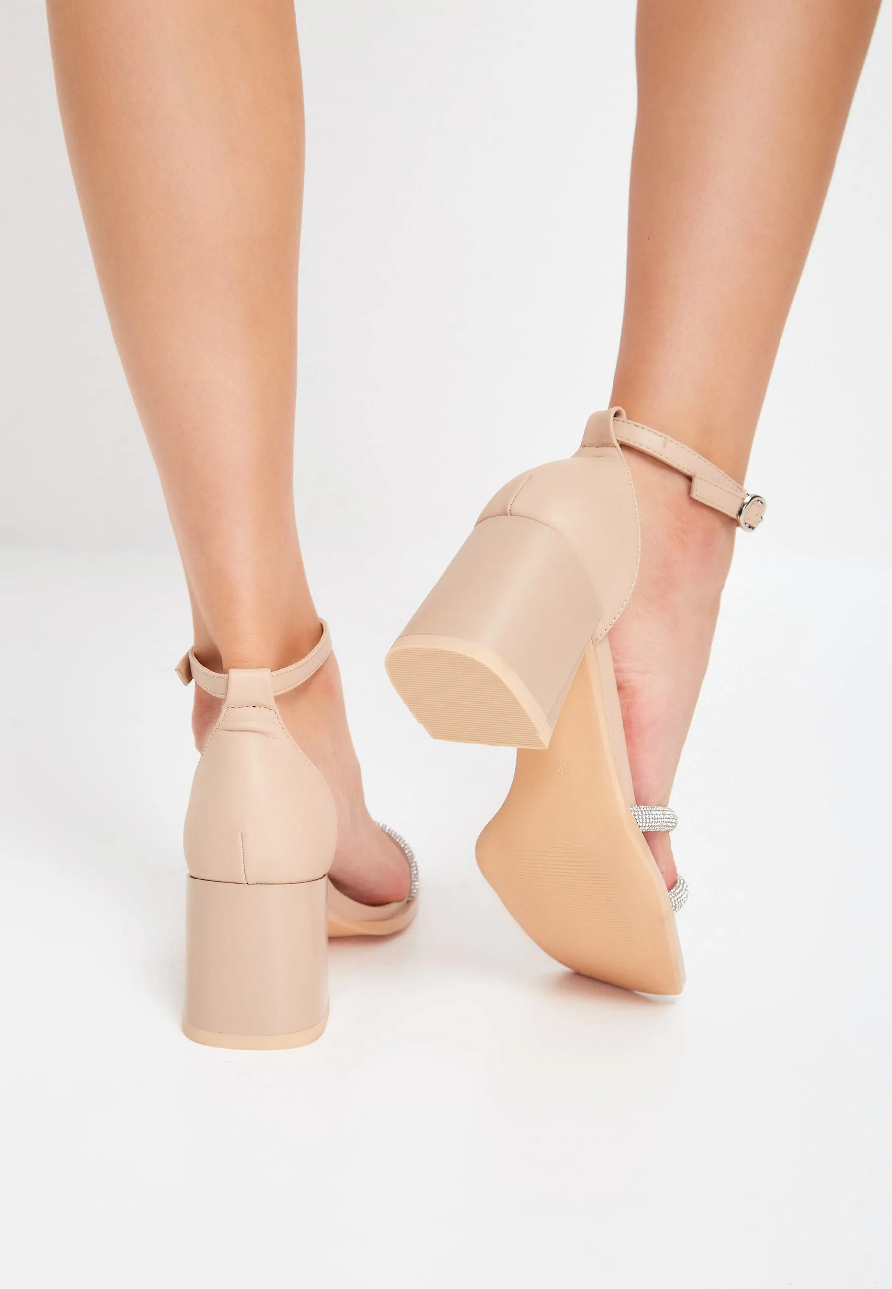 Open Toe Leather Block Heeled Sandals - Beige