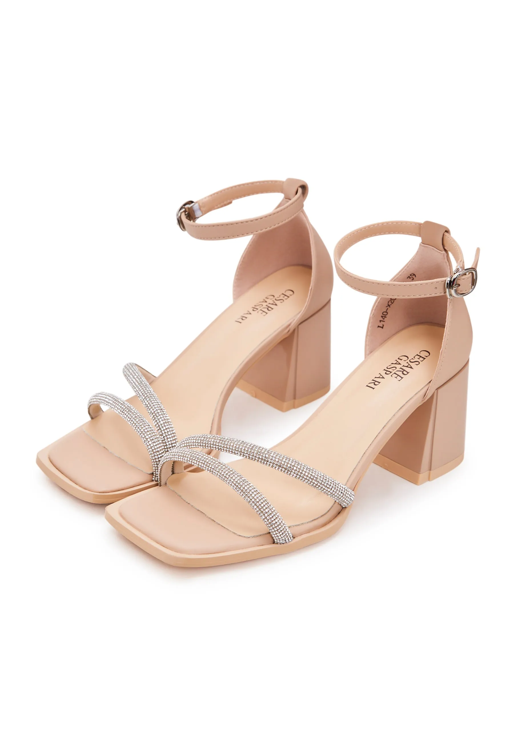 Open Toe Leather Block Heeled Sandals - Beige