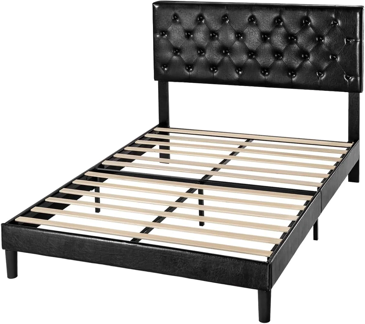 "Ultimate Comfort and Style: Queen Size Platform Bed Frame with Luxurious Button Tufted Headboard, Sleek Faux Leather Upholstery, and Sturdy Wooden Slat Support - No Box Spring Required!"