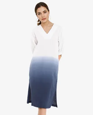 Rareism Women Algan White Raglan Sleeves V-Neck Straight Fit Midi Ombre Dress