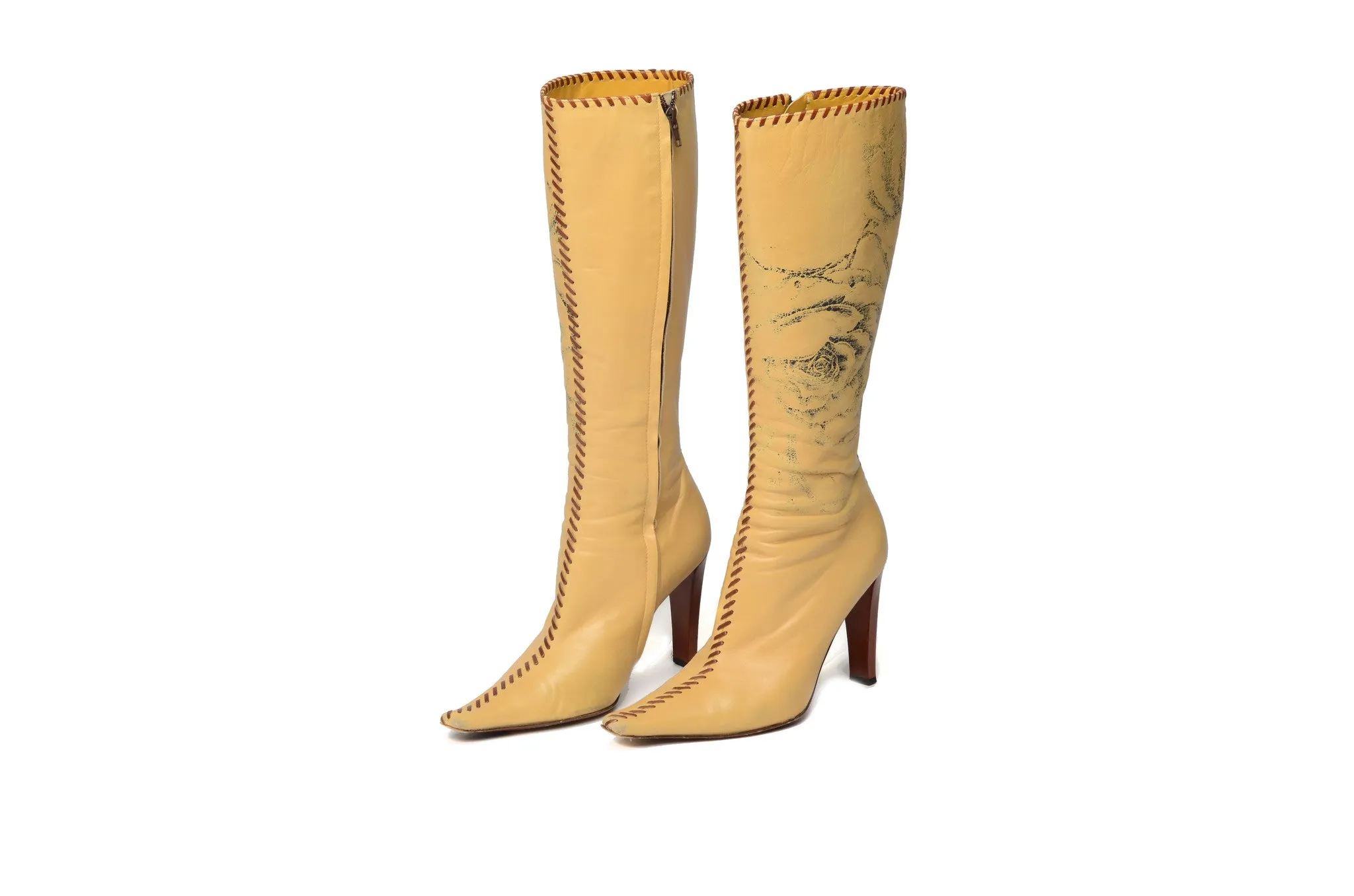 Roberto Cavalli - Beige Knee High Boot with Roses - IT 38