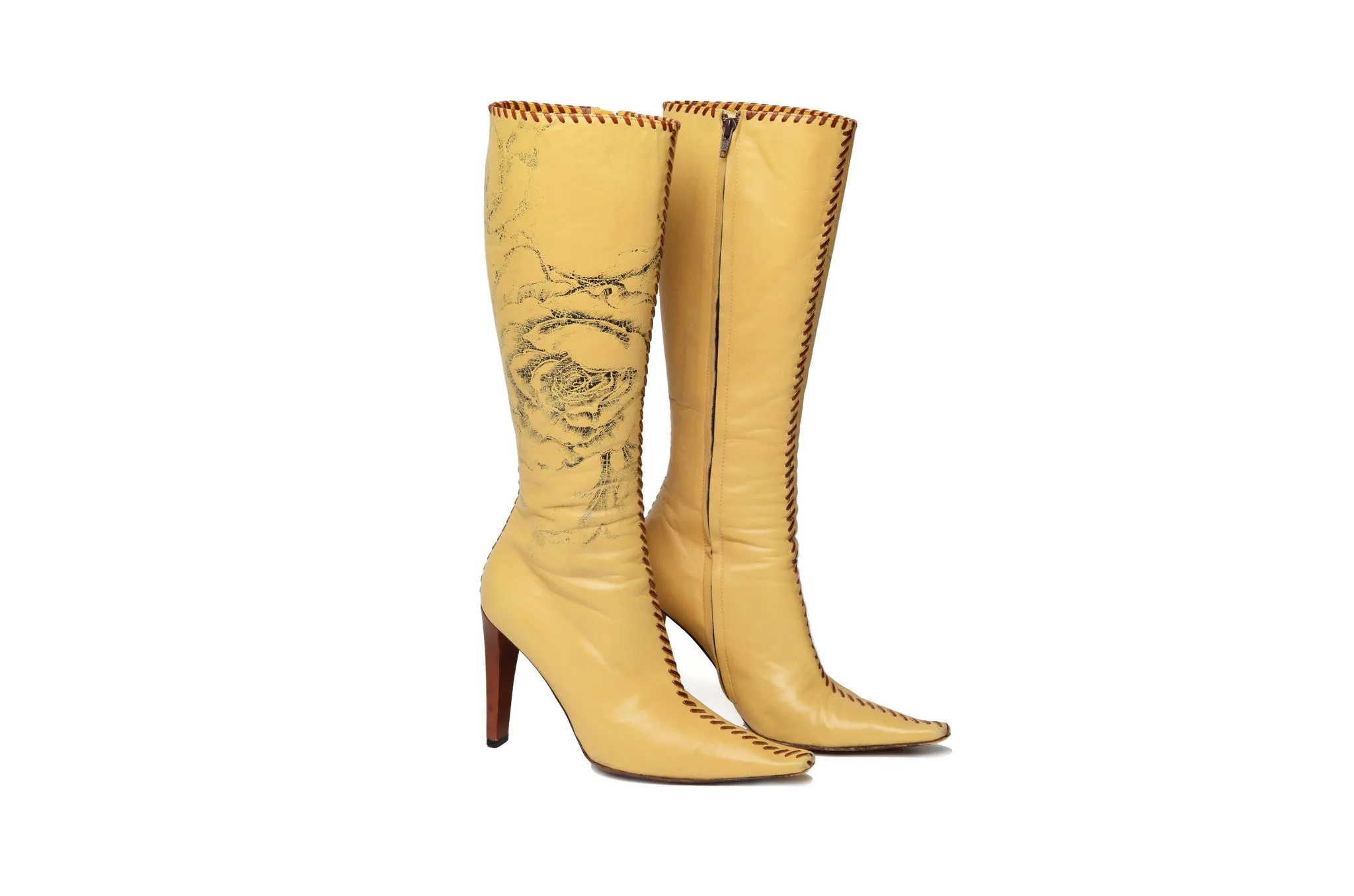 Roberto Cavalli - Beige Knee High Boot with Roses - IT 38