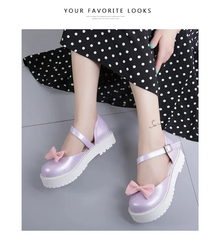 Sohiwoo vintage round head low heel women shoes cute bowknot one-word buckle kawaii shoes loli cosplay Japanese sweet lolita shoes