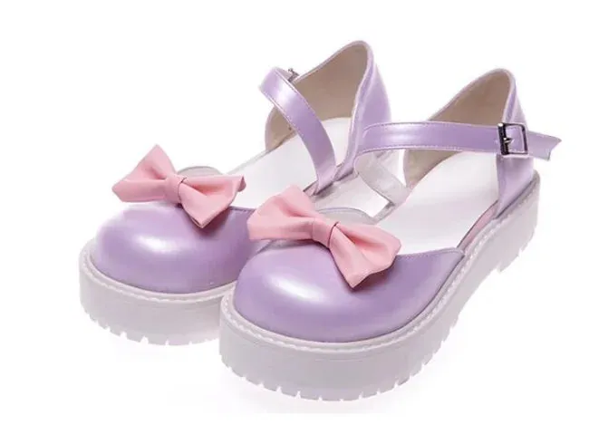 Sohiwoo vintage round head low heel women shoes cute bowknot one-word buckle kawaii shoes loli cosplay Japanese sweet lolita shoes