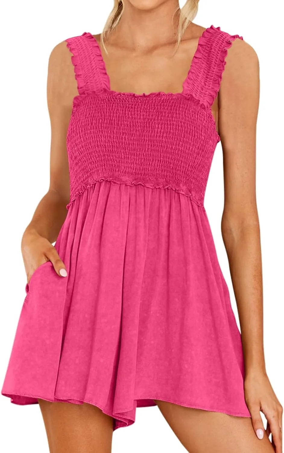 Square Neck Ruffle Strap Romper with Pockets