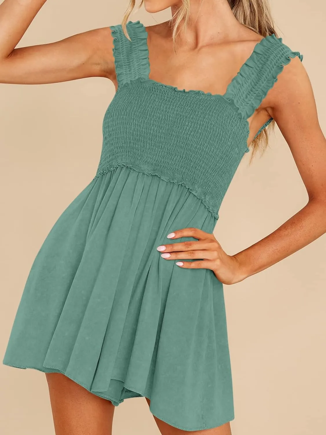 Square Neck Ruffle Strap Romper with Pockets