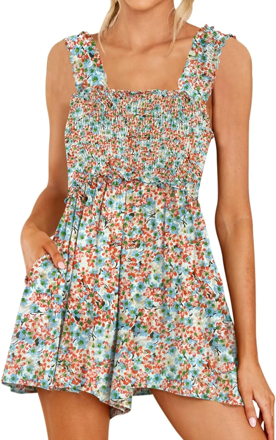 Square Neck Ruffle Strap Romper with Pockets