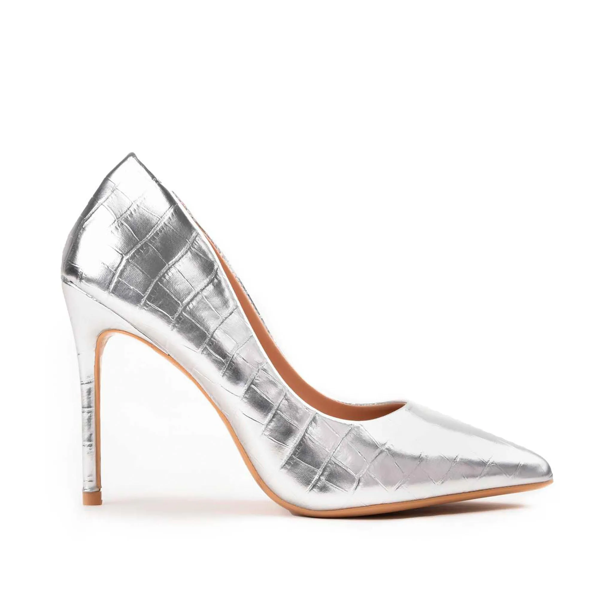 Stylish Silver Croc-Embossed High Heel Pumps | 472M-S