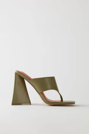 Toe Post Leatherette Mule Heels in Olive