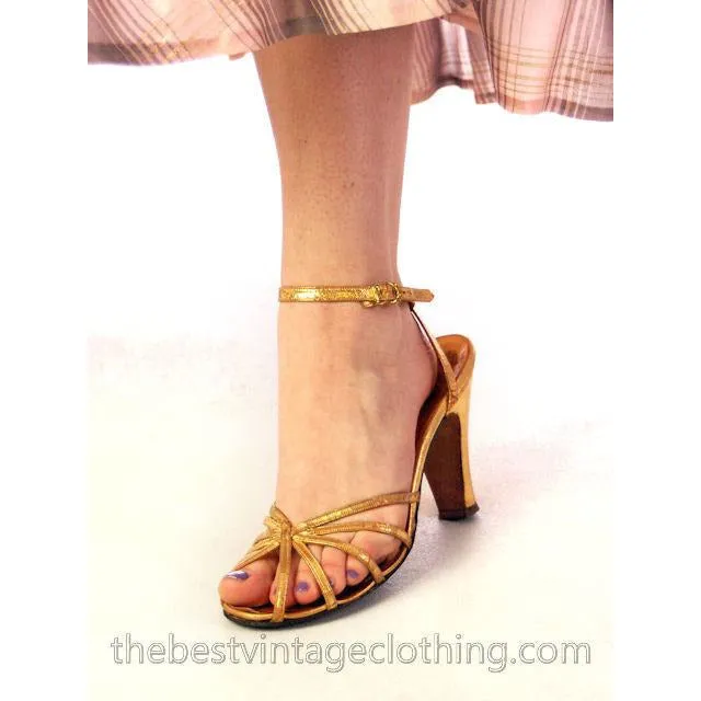 Vintage Gold Leather Sandals Ankle Strap 1940S BonWit Teller Fifth Ave Sz 7